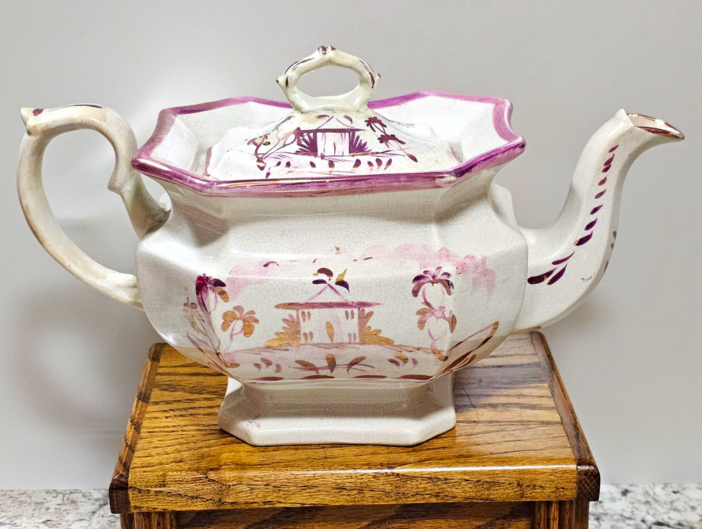 Antique 1820s Staffordshire Pink Lusterware Ironstone Teapot Chinoiserie As Is